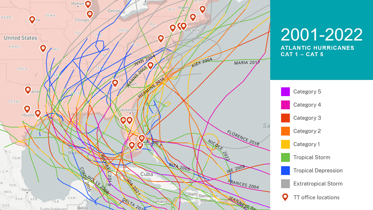 Major hurricanes from the last 20 years overlayed with Thornton Tomasetti's office/virtual forensics staff locations, showing our ability to respond quickly after a storm.