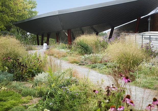 Queens Botanical Garden Visitor Center is an award-winning project that features sustainable landscapes and site stormwater management systems.