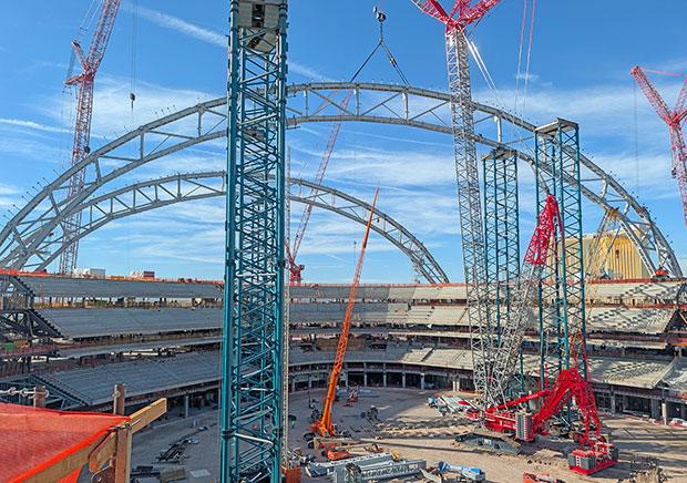 The A’s Las Vegas ballpark has reached a major construction milestone with the installation of the fifth and final steel segment of the stadium’s second roof truss arch.