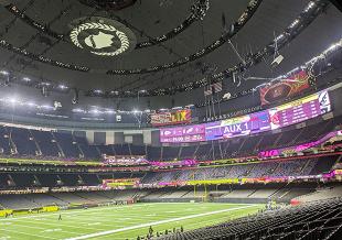 Super Bowl LIX halftime show rigging at Caesars Superdome in New Orleans, Louisiana.