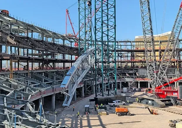 The Athletics’ future Las Vegas ballpark is taking shape with the installation of its first 200-ton roof truss segment, marking a major milestone in construction.
