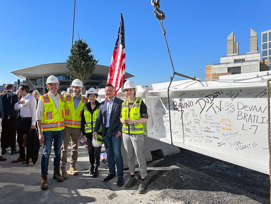 From left, Project Engineer Brian Hessler, Senior Associate Stephen Craven, Engineer Yuxuan Zhu, Principal Han Xu and Senior Engineer Camille Matile at 10 World Trade in Boston.