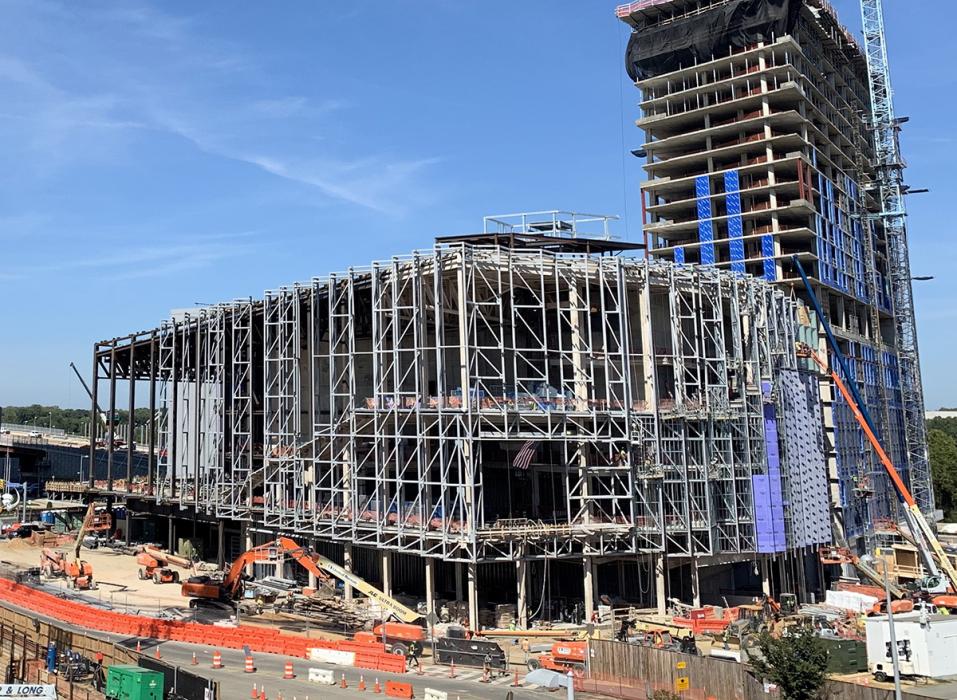 Framing for the irregular façade at Capital One Hall. 