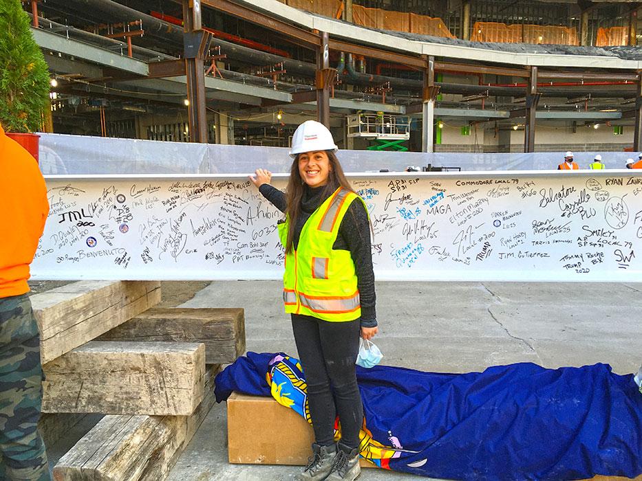 Athina Spyridaki at the UBS Arena topping out ceremony in 2020.