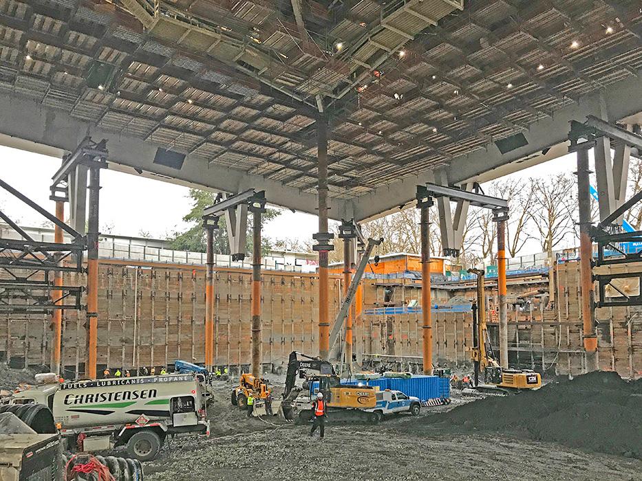 Center shoring tower as part of the temporary roof shoring system for Climate Pledge Arena in Seattle.