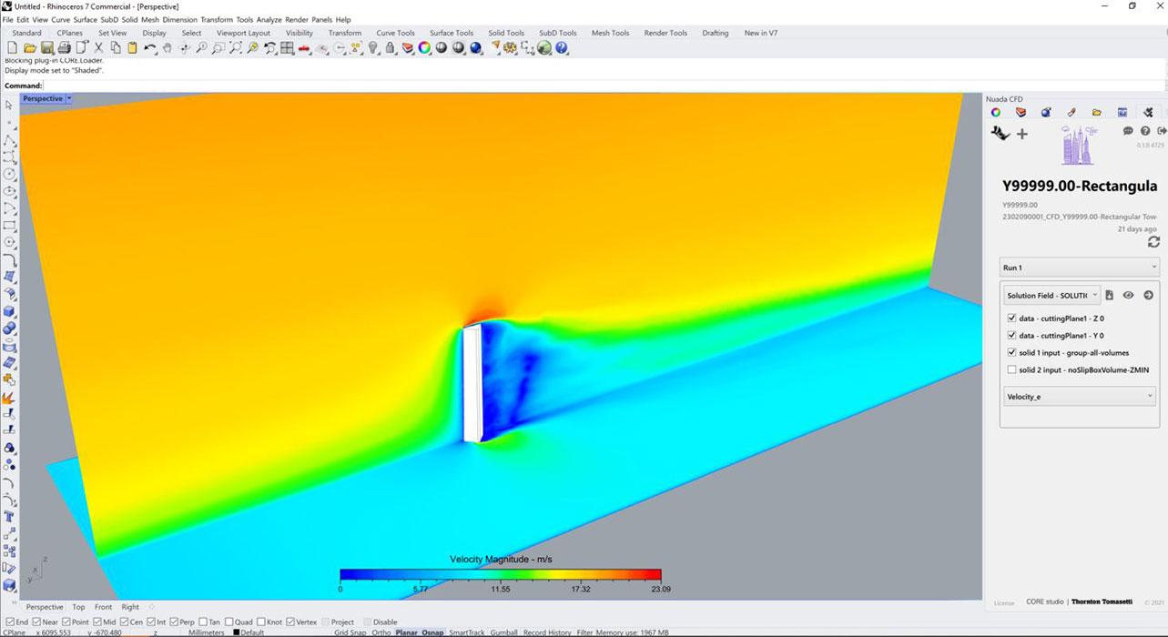 Nuada.CFD interface inside the Rhino 3D environment, showing wind velocities around a typical rectangular tower.