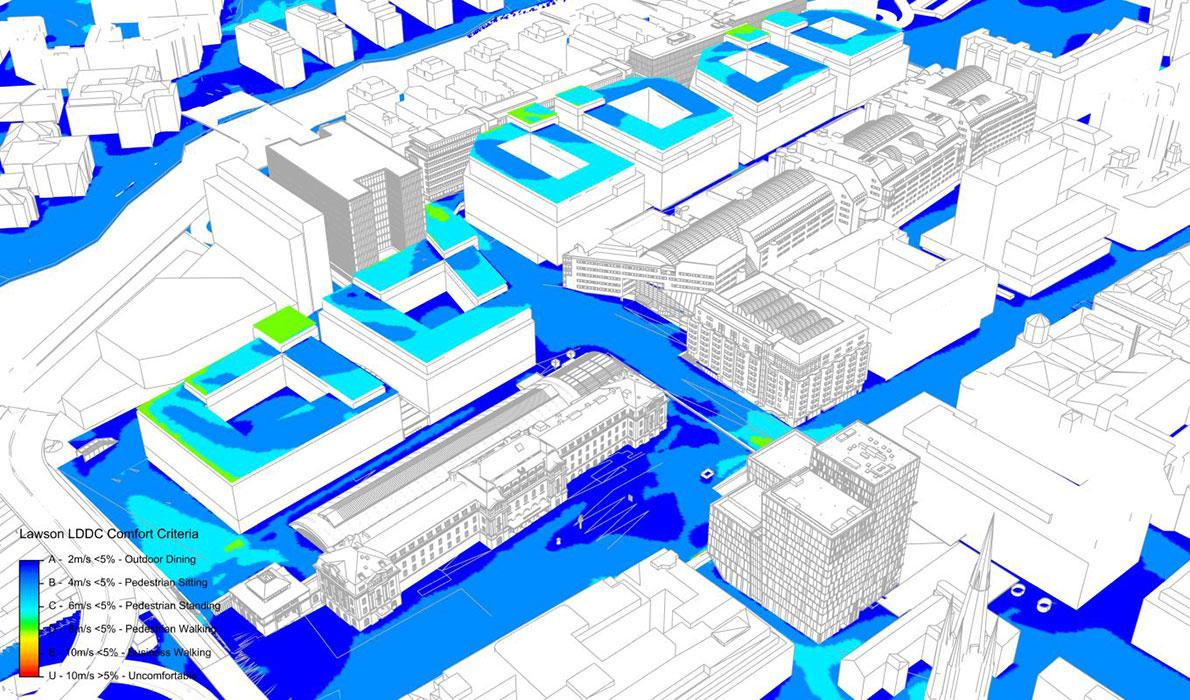 Visualization of pedestrian wind comfort around the new design for Stockholm Central Station.
