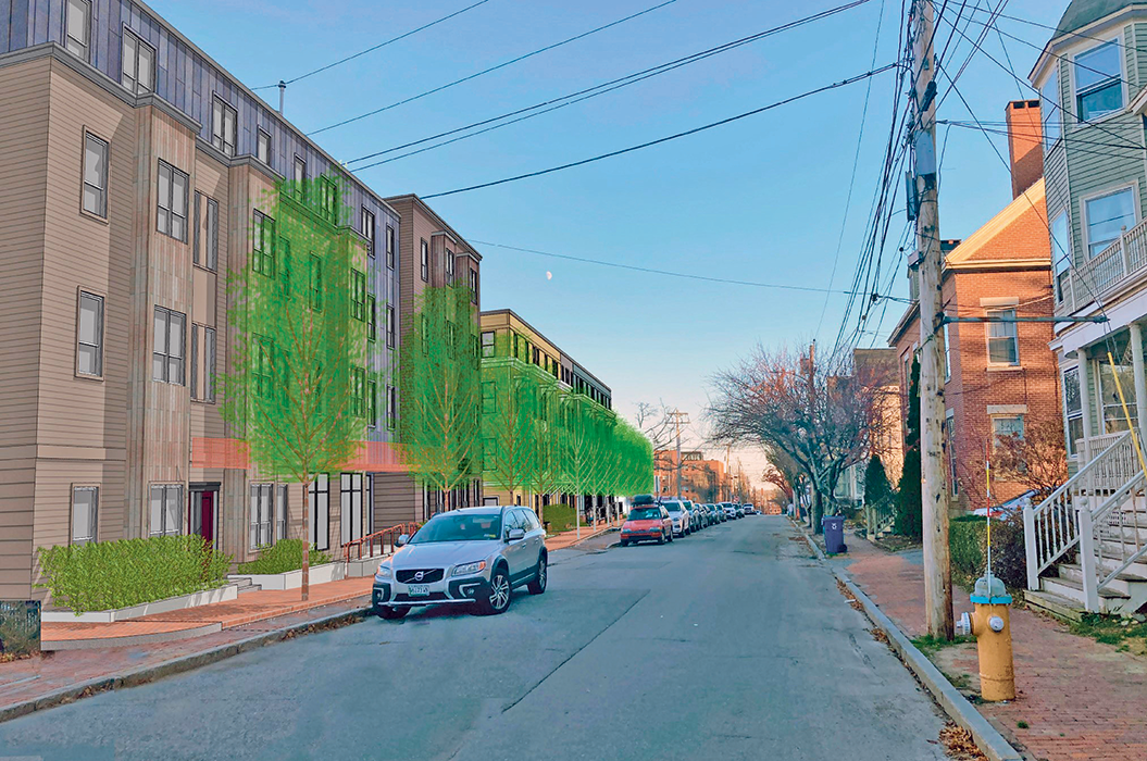  Redevelopment of the three-acre Mercy Hospital campus will make way for Winter Landing (left foreground) and the Equinox (left background) affordable housing developments.