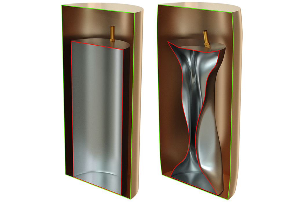 Renderings based on results from our predictive modeling to assess the safety and integrity of nuclear waste containers subjected to extreme loading. Our model predicted that the housing would not be breached, despite damage to the interior container.