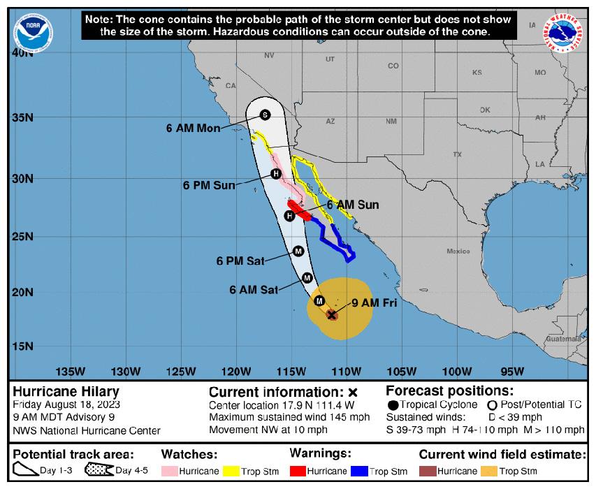 Hurricane Hilary projected path. 