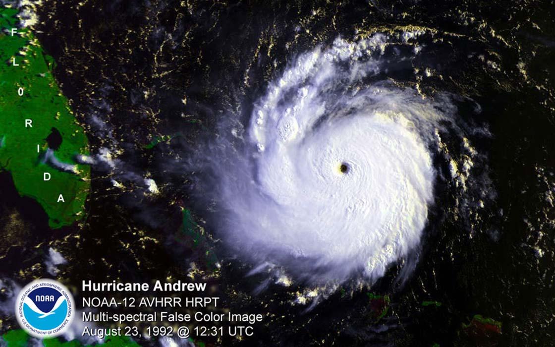 Hurricane Andrew at Category 5 strength, and approaching the Bahamas and Miami, Florida on August 23, 1992.