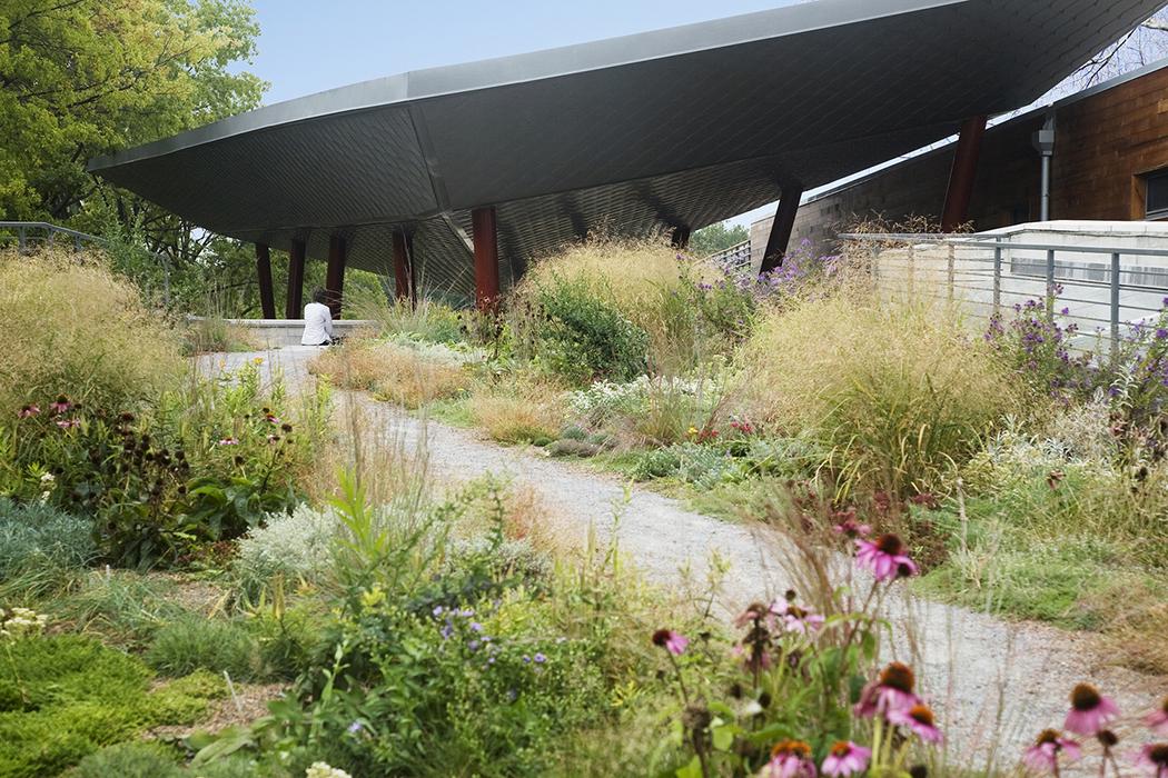 Queens Botanical Garden Visitor Center is an award-winning project that features sustainable landscapes and site stormwater management systems.