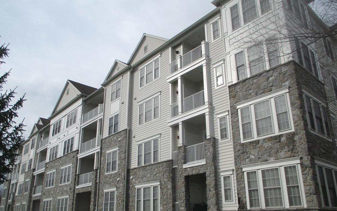 Typical four-story rear of garden homes at Reserve at Gwynedd in Upper Gwynedd, Pennsylvania. 