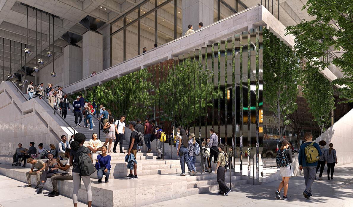 Lincoln Center Damrosch Park Revitalization in New York. View of SE corner Amsterdam Avenue and 65th Street looking at New York Public Library for the Performing Arts with seating area and mirror façade.