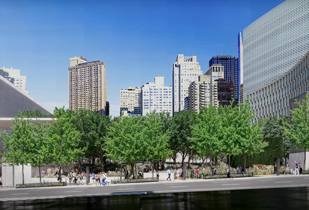 Lincoln Center Damrosch Park Revitalization in New York. View from Amsterdam Avenue looking into Damrosch Park; visible is new streetscape.