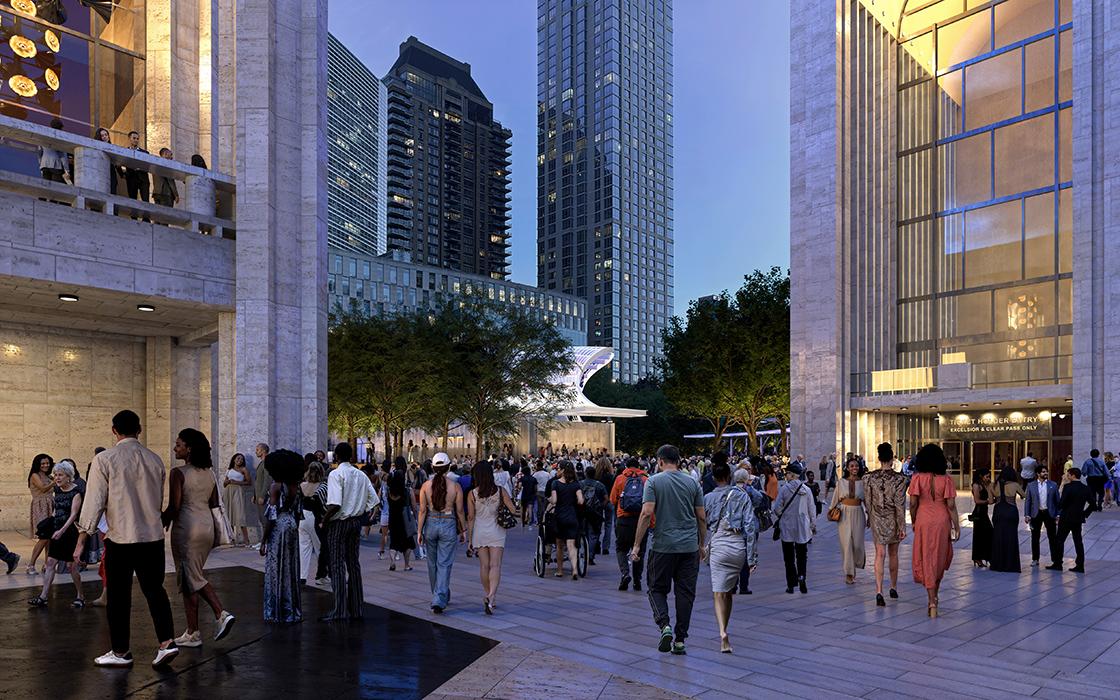 Lincoln Center Damrosch Park Revitalization in New York. View from Josie Robertson Plaza looking towards Damrosch Park; visible are amphitheater and landscape.