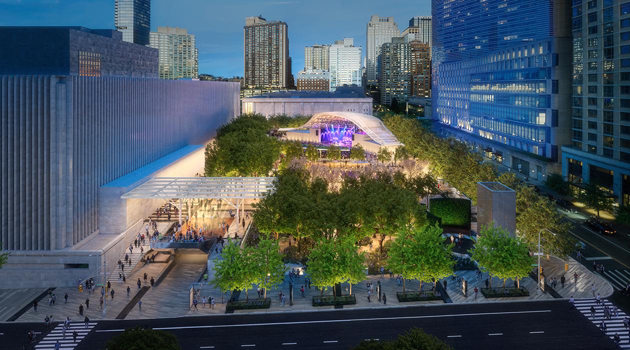 Lincoln Center Damrosch Park Revitalization in New York. Aerial view from Amsterdam Avenue looking east; visible are new streetscape, gardens, and theater.