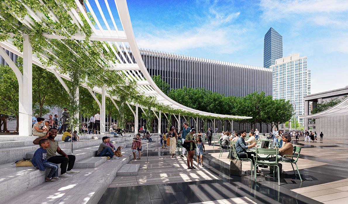 Lincoln Center Damrosch Park Revitalization in New York. View of plaza area in front of amphitheater, looking northeast towards Josie Robertson Plaza.