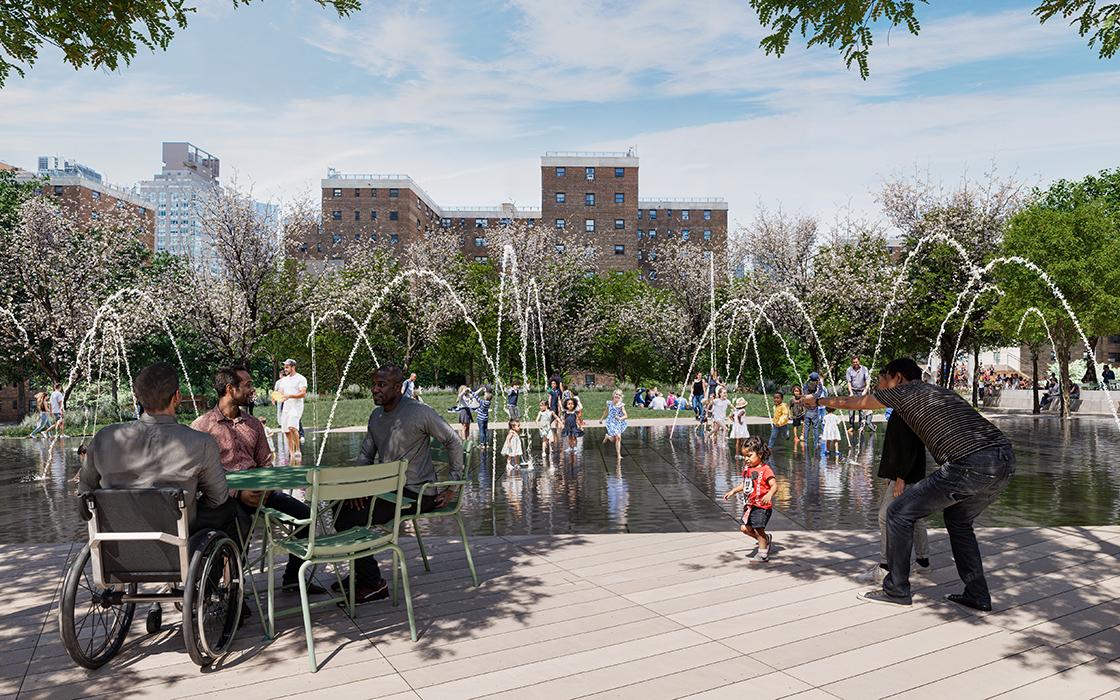 Lincoln Center Damrosch Park Revitalization in New York. View from within Damrosch Park looking west; visible are new water feature, lawn, and trees.