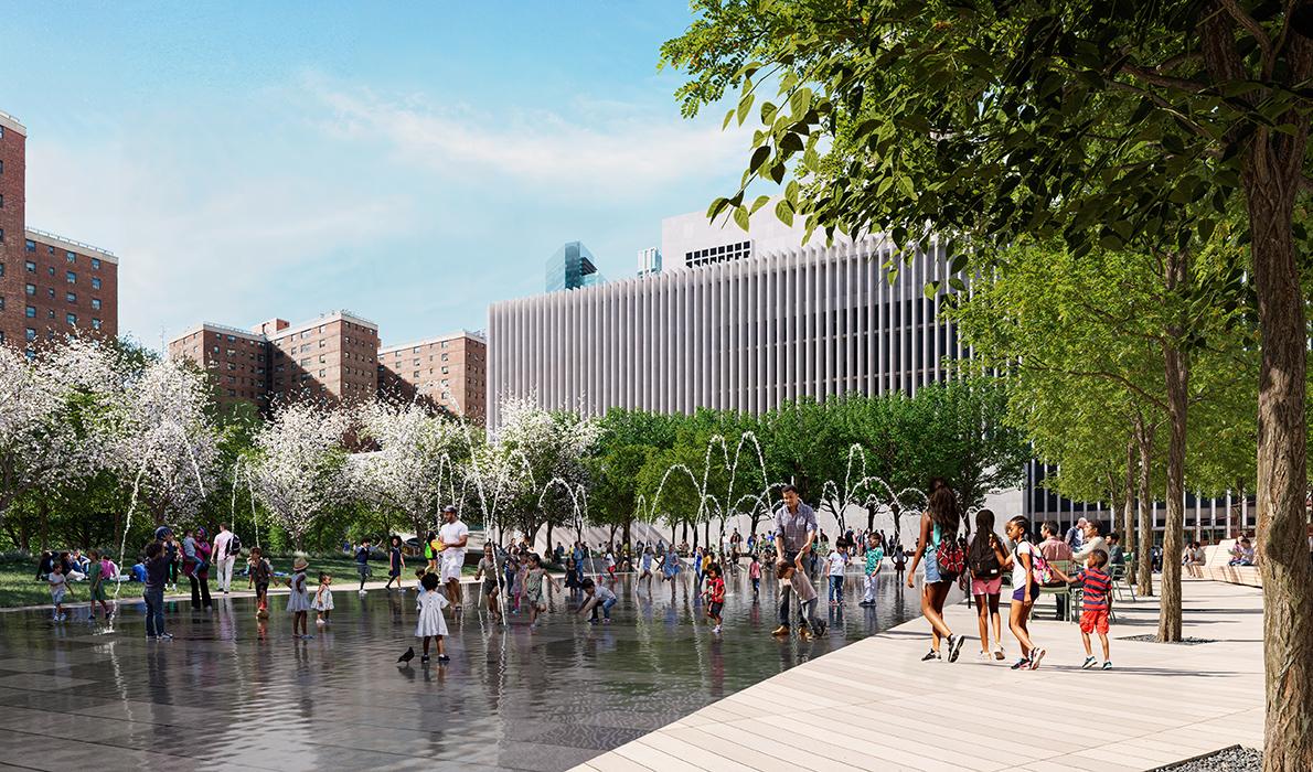 Lincoln Center Damrosch Park Revitalization in New York. View from within Damrosch Park looking NW; visible are water feature and grove of trees.
