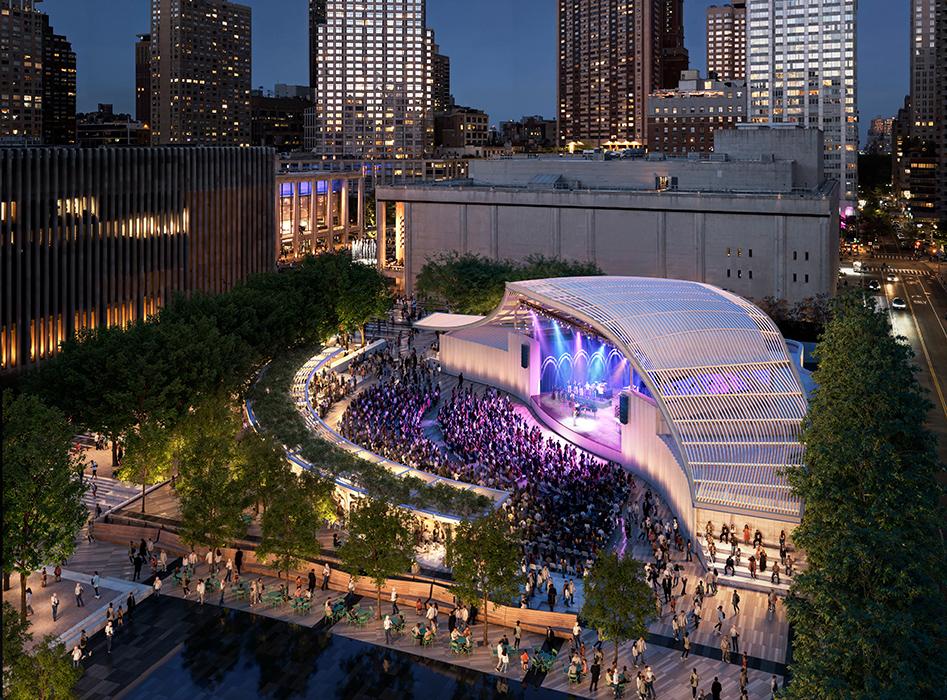 Lincoln Center Damrosch Park Revitalization in New York. Aerial view of amphitheater and audience area during performance, looking east.