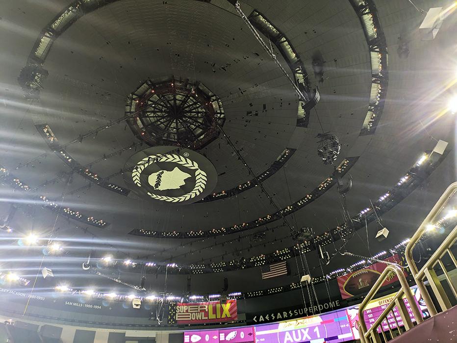 Super Bowl LIX halftime show rigging at Caesars Superdome in New Orleans, Louisiana.