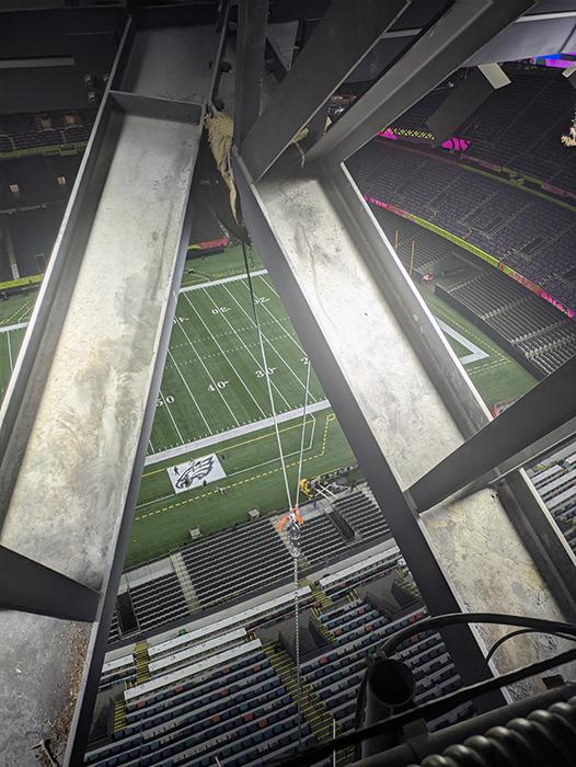 Super Bowl LIX halftime show rigging at Caesars Superdome in New Orleans, Louisiana.