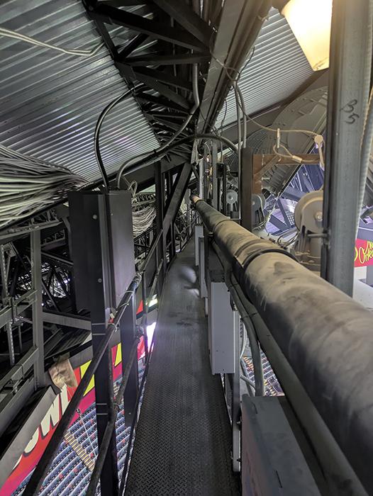 Super Bowl LIX halftime show rigging at Caesars Superdome in New Orleans, Louisiana.