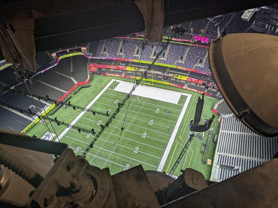Super Bowl LIX halftime show rigging at Caesars Superdome in New Orleans, Louisiana.