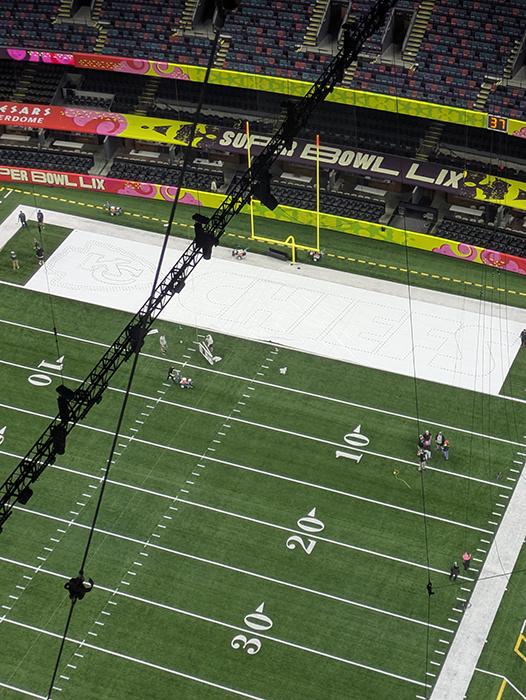Super Bowl LIX halftime show rigging at Caesars Superdome in New Orleans, Louisiana.