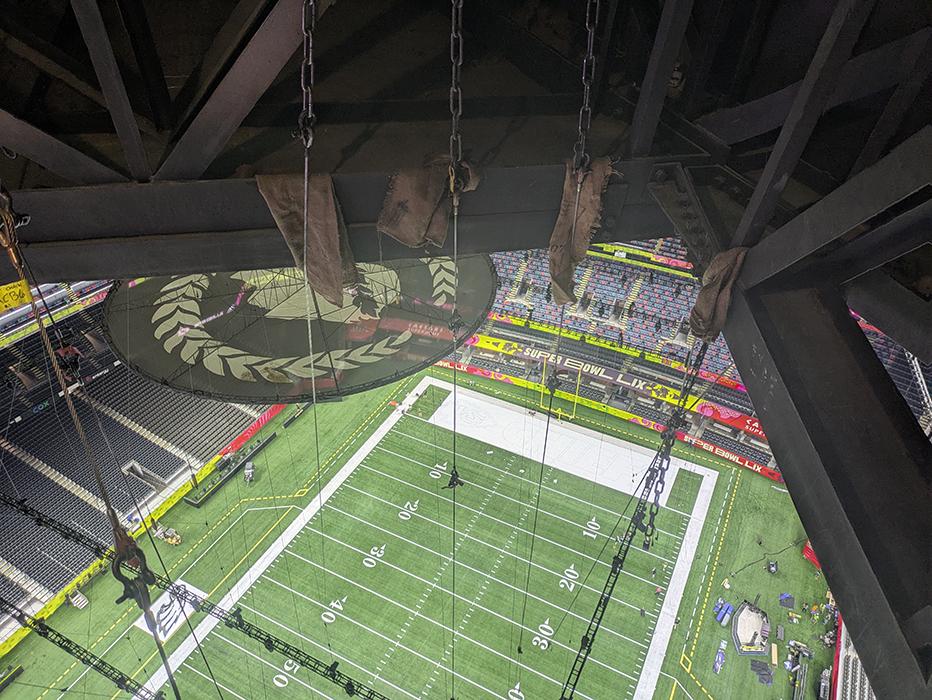 Super Bowl LIX halftime show rigging at Caesars Superdome in New Orleans, Louisiana.