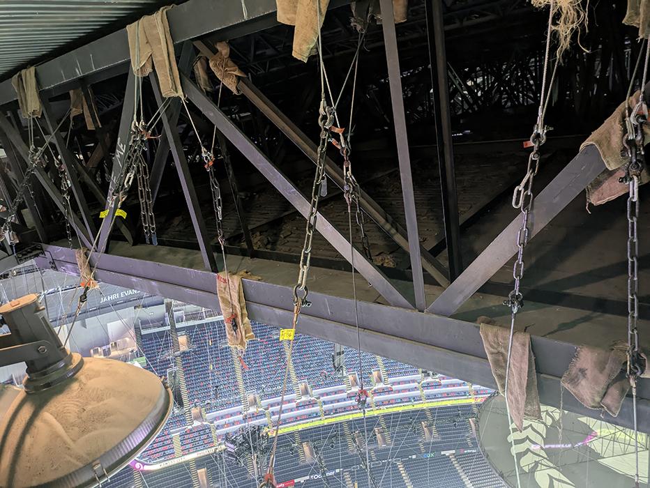 Super Bowl LIX halftime show rigging at Caesars Superdome in New Orleans, Louisiana.