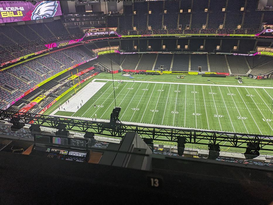 Super Bowl LIX halftime show rigging at Caesars Superdome in New Orleans, Louisiana.