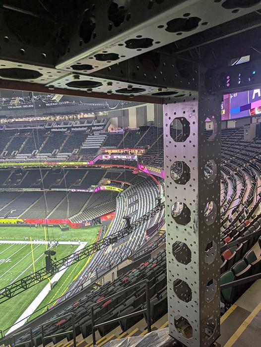 Super Bowl LIX halftime show rigging at Caesars Superdome in New Orleans, Louisiana.
