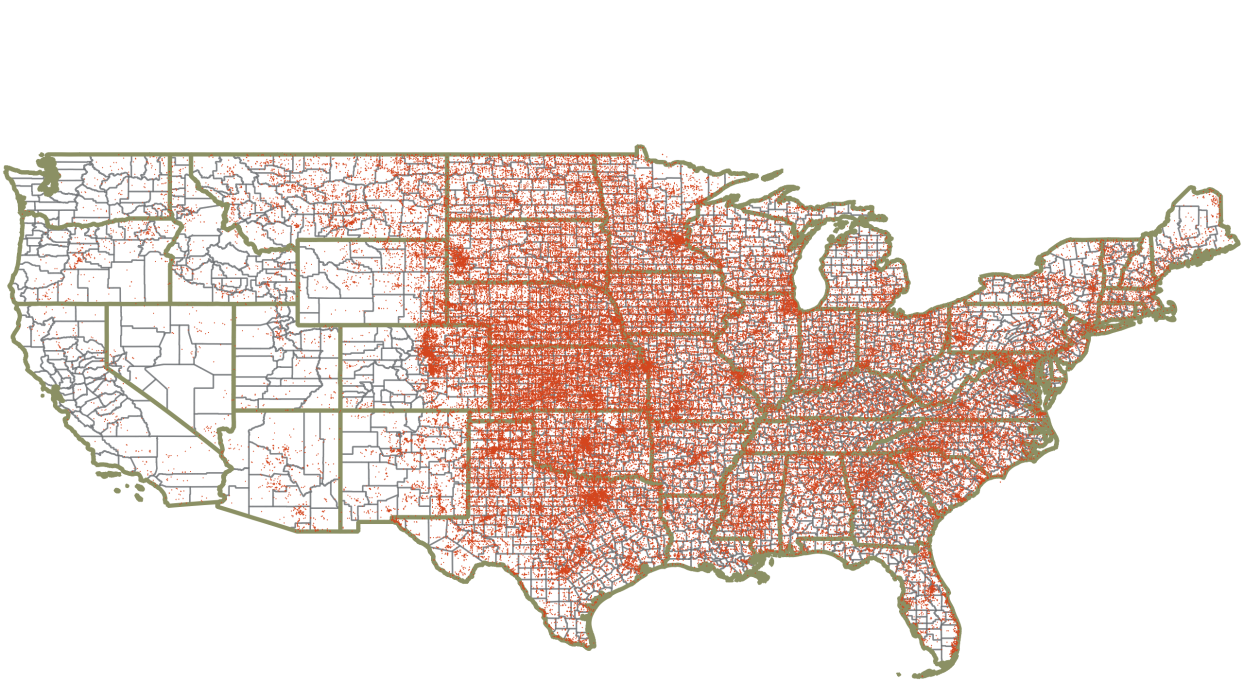Hail map including all hailstorms with hail stones larger than one inch from 2000-2024. The data was pulled from NOAA (Storm Events Database | National Centers for Environmental Information).