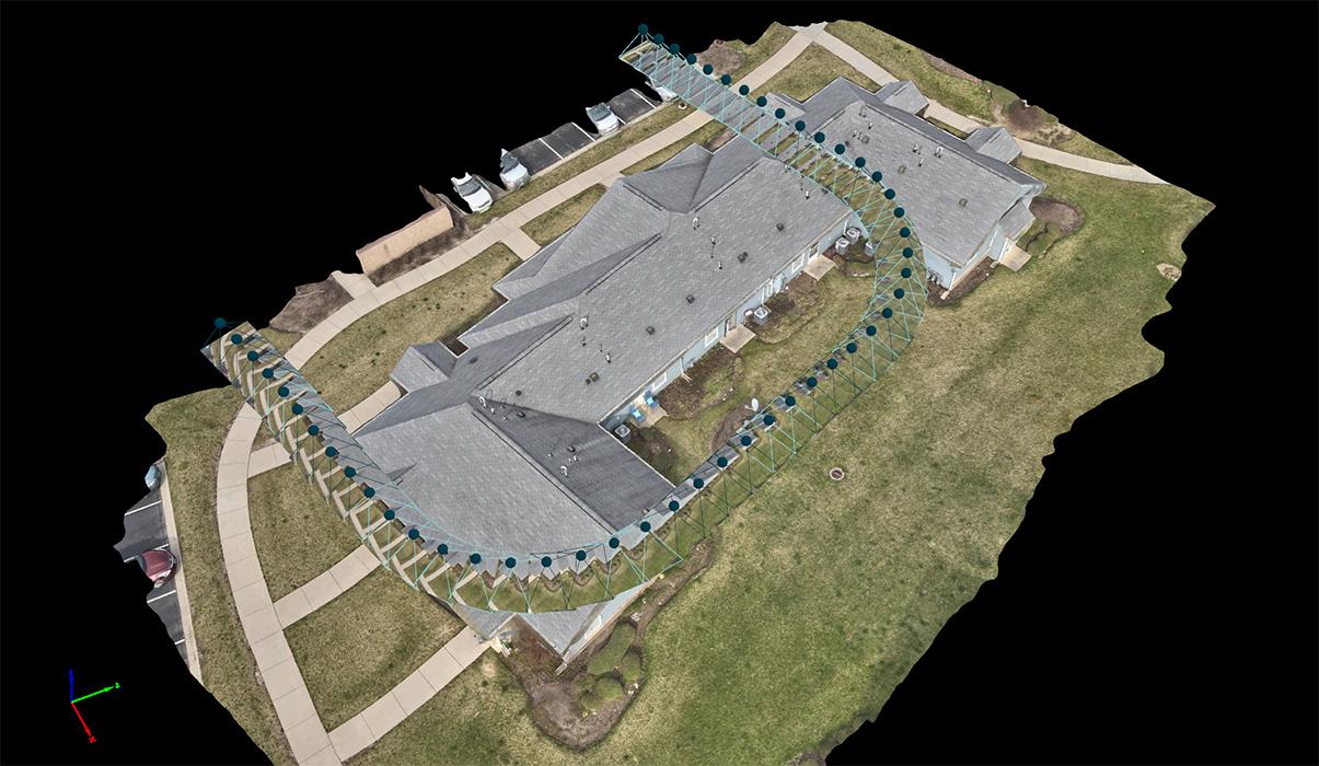 Point cloud generated with drone survey of a roof structure. 