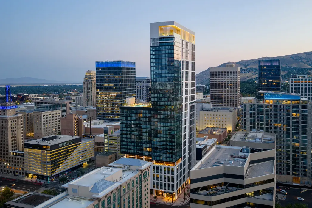 Salt Lake City's tallest skyscraper is a luxury residential building featuring amenities such as a fitness studio, roof deck terrace, sauna and club lounge.