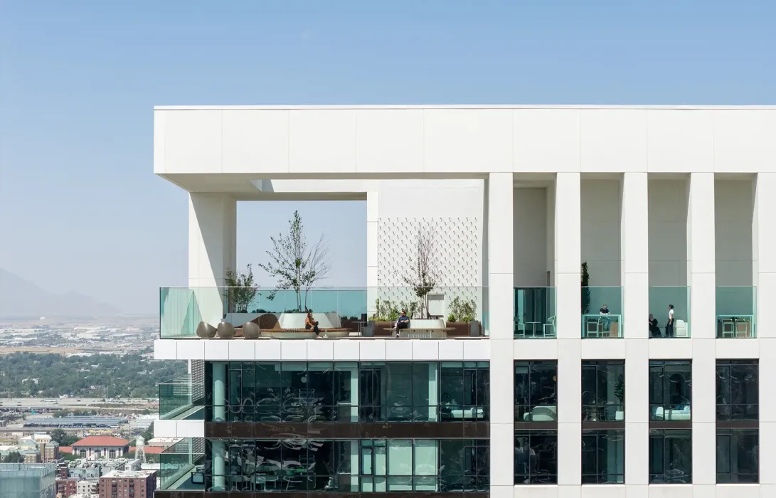 Astra Tower is topped by a crown lighting system that displays real-time air quality data in partnership with Utah Clean Air. 