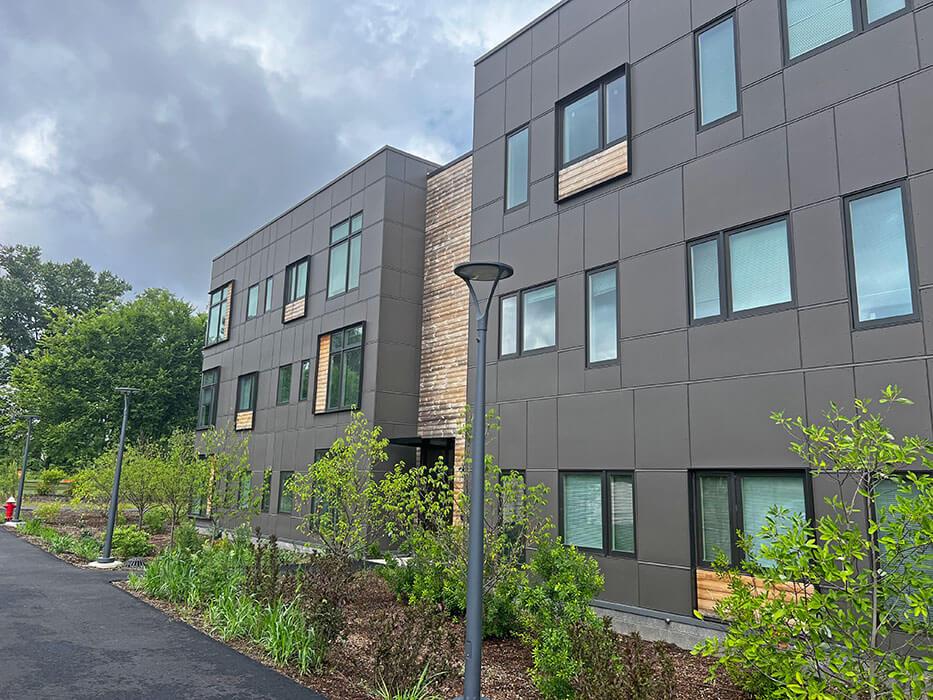 Sustainable strategies include rain gardens, green infrastructure, geothermal exchange wells, reduced greenhouse gas emissions, carbon sequestration and the use of low-embodied-carbon materials.