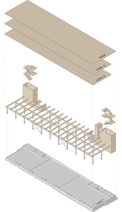 The podium level is framed with glulam girders and columns that support the cross-laminated timber (CLT) floor plates and light-framed wood bearing walls above.