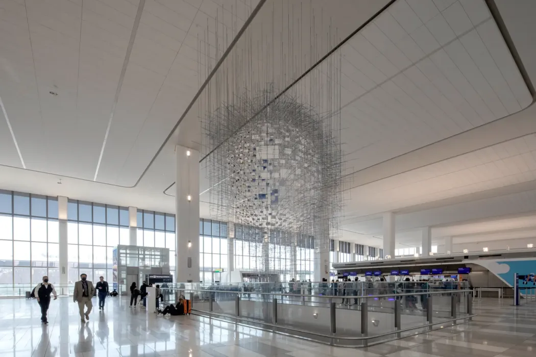 Sarah Sze's "Shorter than Day" Sculpture at LaGuardia Airport Terminal B in New York.