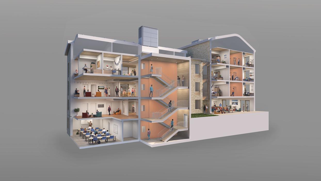 At the heart of the project is a hybrid structural system of mass timber, light-frame wood, steel, and concrete. 