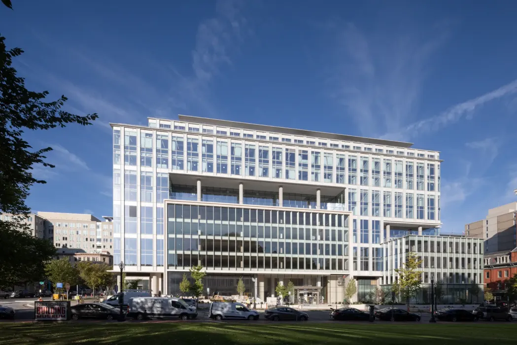 The repositioned building is prominently located across from the National Building Museum and sits above existing and operational Metro train tunnels. 