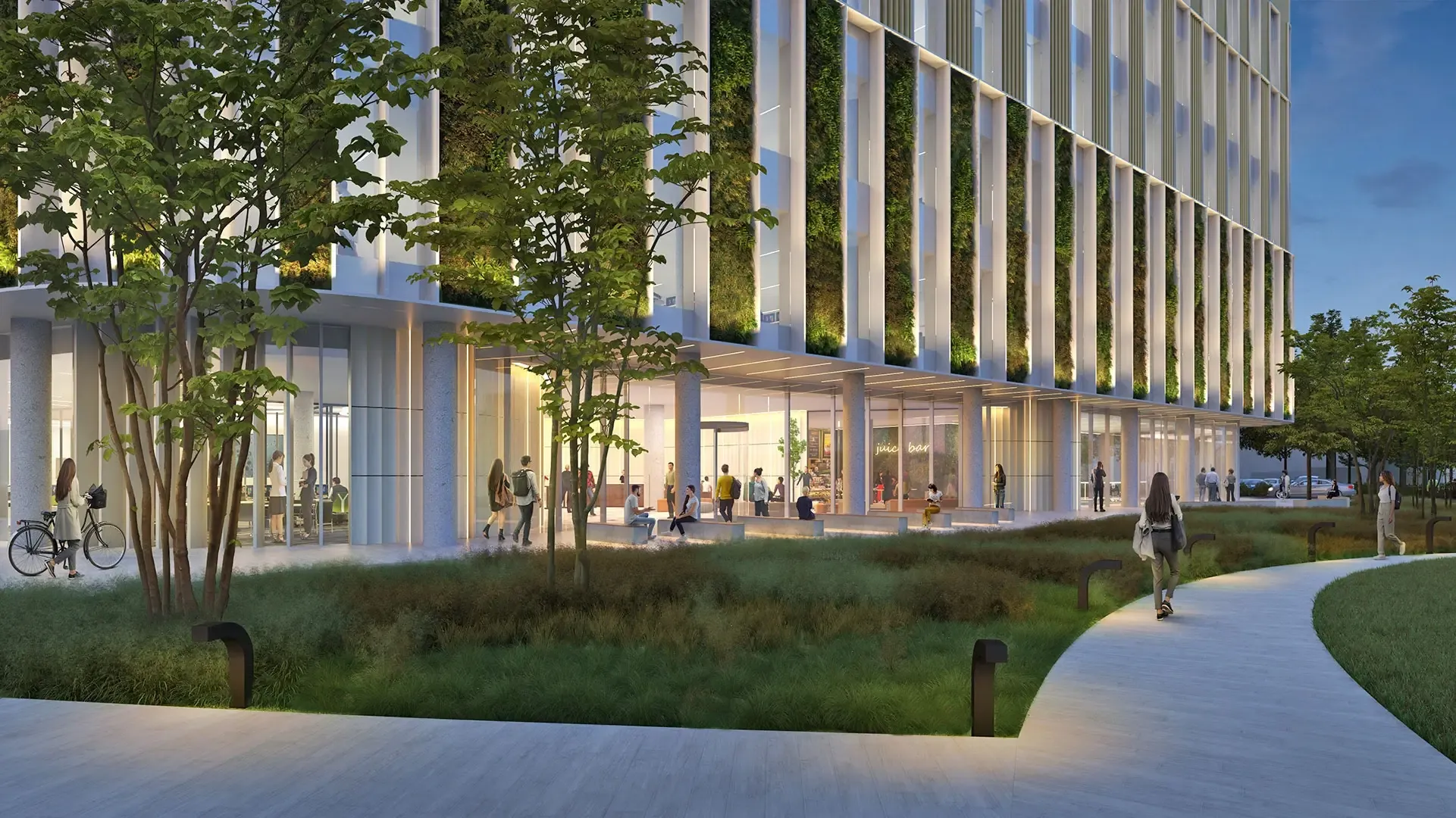 Above ground, a flat slab on a 6.6m by 9.9m grid aligns with both laboratory planning and the parking layout below, minimizing transfer structures and supporting an efficient and flexible building.