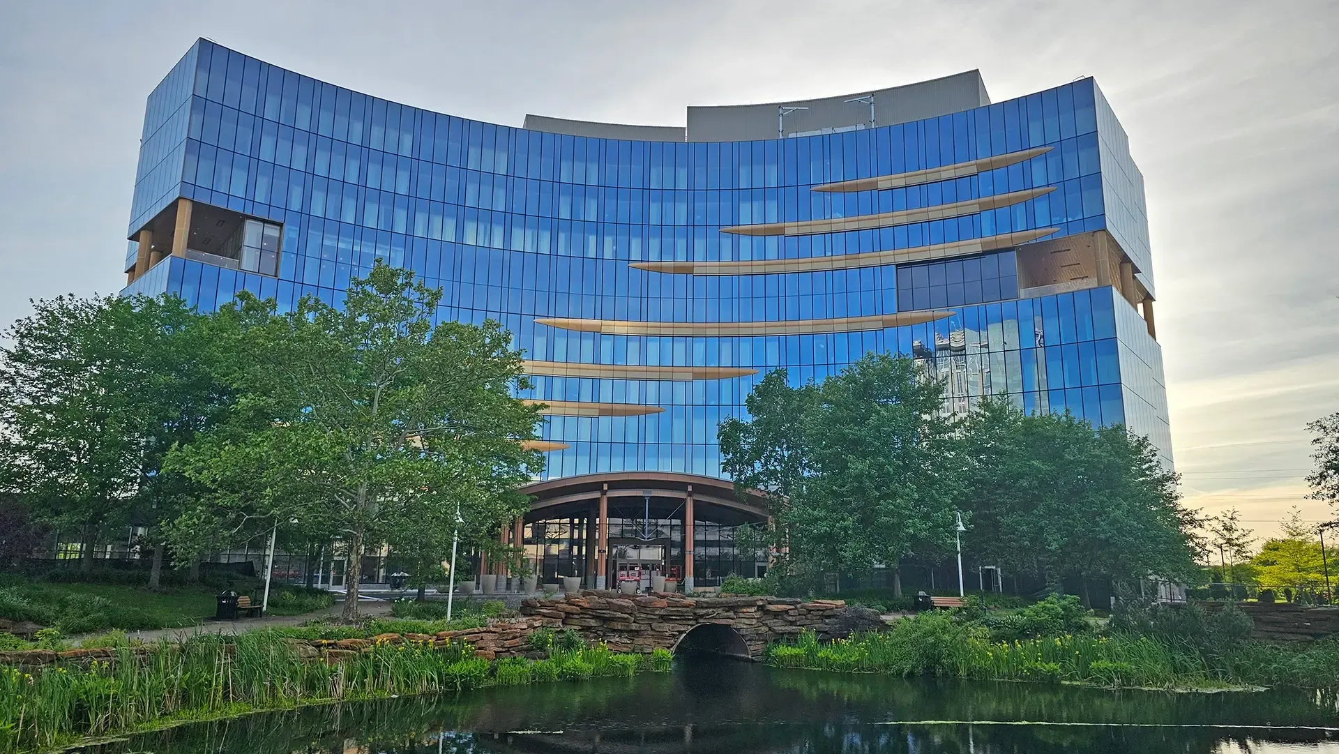 The Crescent Hotel’s signature feature is its curving glass facade. 