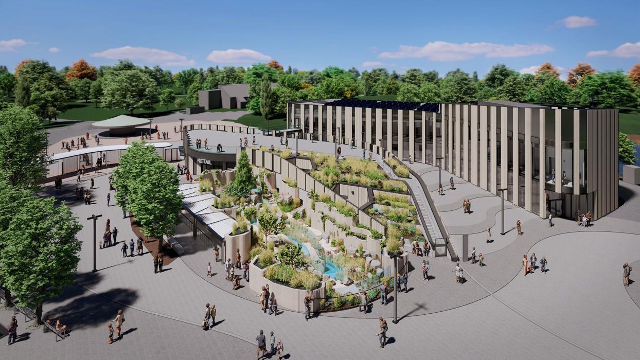 The academic building combines cast-in-place concrete walls with glulam timber framing and NLT floors and roof, balancing durability and carbon reduction