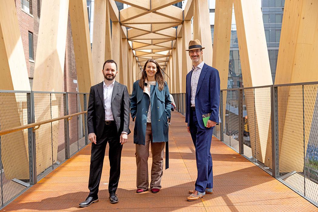 From left, Mike Bauer, Jamie Kirkland and Eli Gottlieb at the Highline Moynihan Connector ribbon cutting ceremony on June 21, 2023.