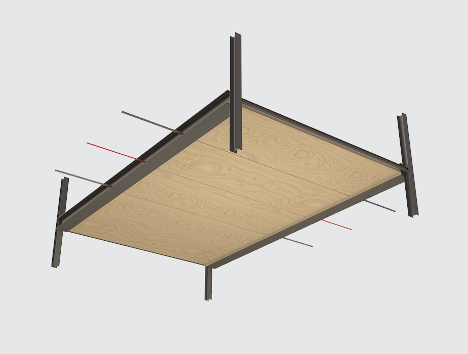 Shallow floor options: Bays up to 7.5 x 12 m (23 x 36 ft.) bay with 390 mm (15 ft.) deep floors and beams that extend 110 mm (4 in.) below the soffit, with steel tonnage of 39 kg/m2 (8 psf). Smaller services can run between the cassettes.