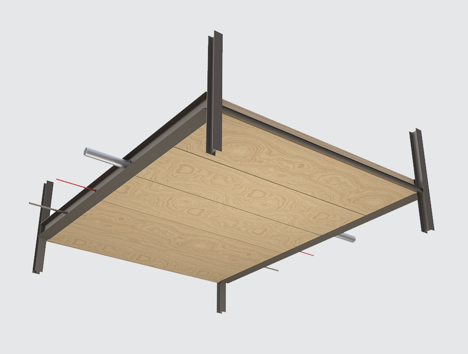 Flat soffit options: Bays up to 9 x 12 m (27 x 36 ft.) with 600 mm (24 in.) deep floor and beams, with only 30 kg/m2 (5 psf). Services can run between the cassettes for a clean ceiling.