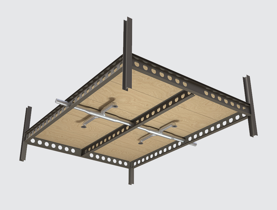 Maximum services option: Bays up to 9 x 12 m (27 x 36 ft.) with a 220 mm (9 in.) deep floor frame into castellated beams extending 530 mm (21 in.) below the soffit. The total structural depth is 750 mm (30.5 in.) with steel tonnage of 44 kg/m2 (9 psf).